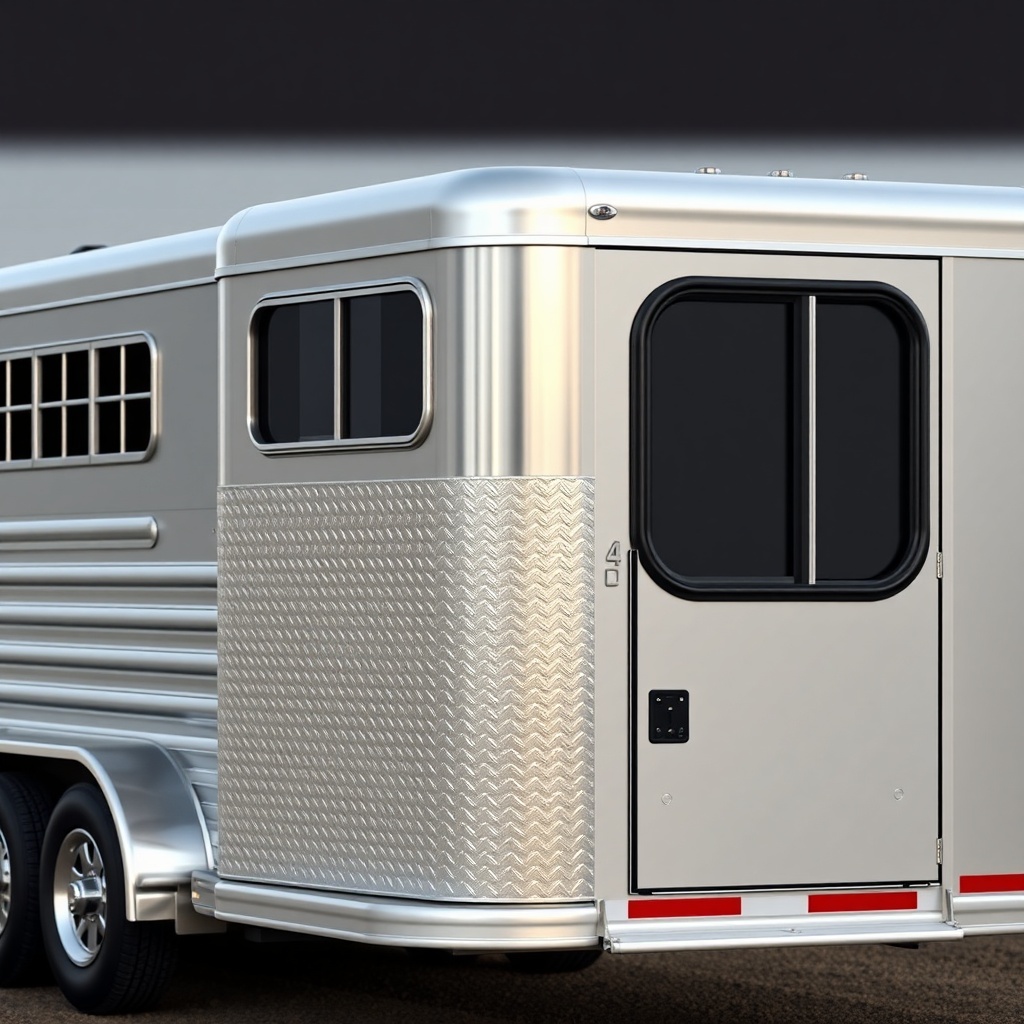 A photorealistic side-panel view of a Featherlite 8549 showing diamond-plate nose and rive