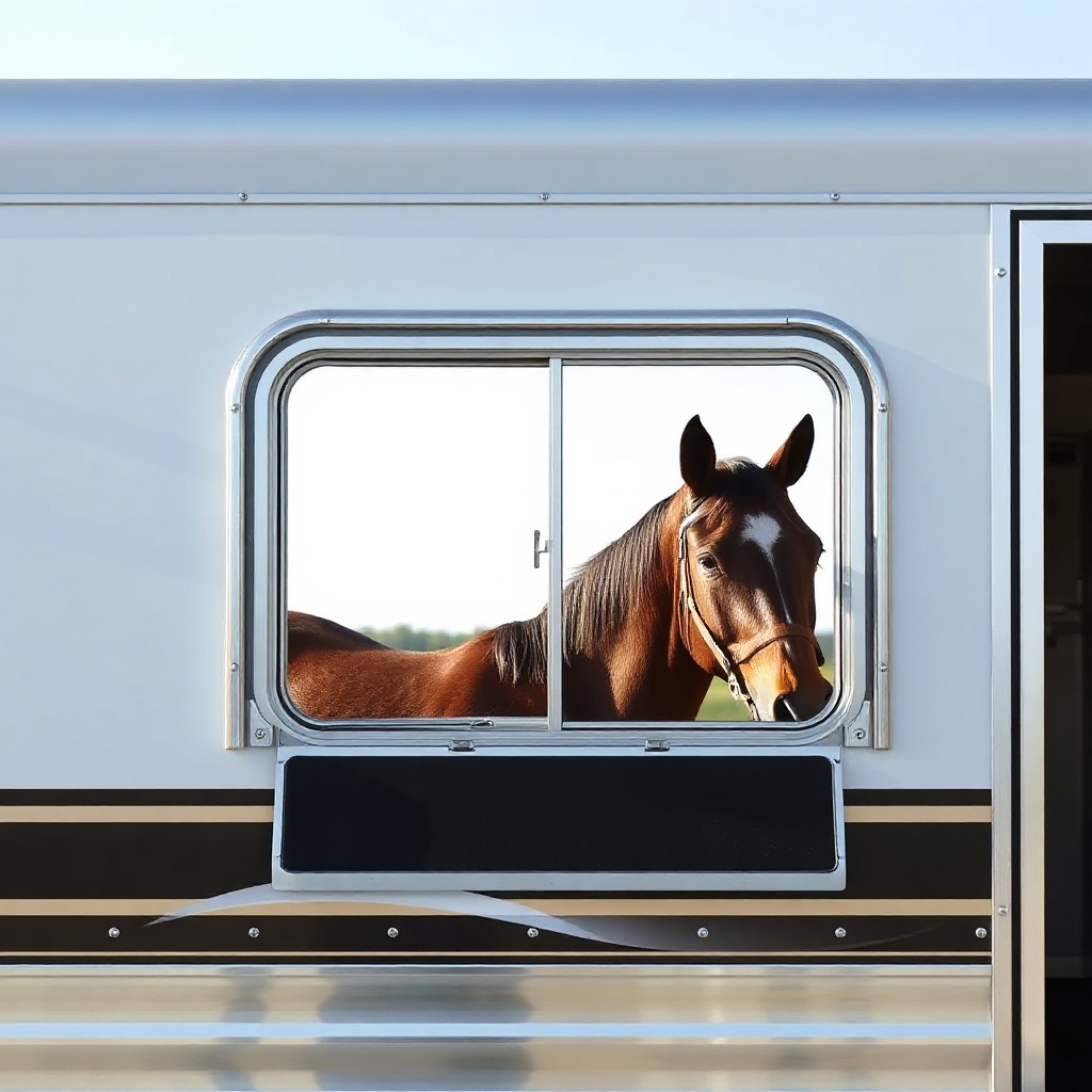 <clean photorealistic photo/illustration of Featherlite 8549 side profile showing aluminum