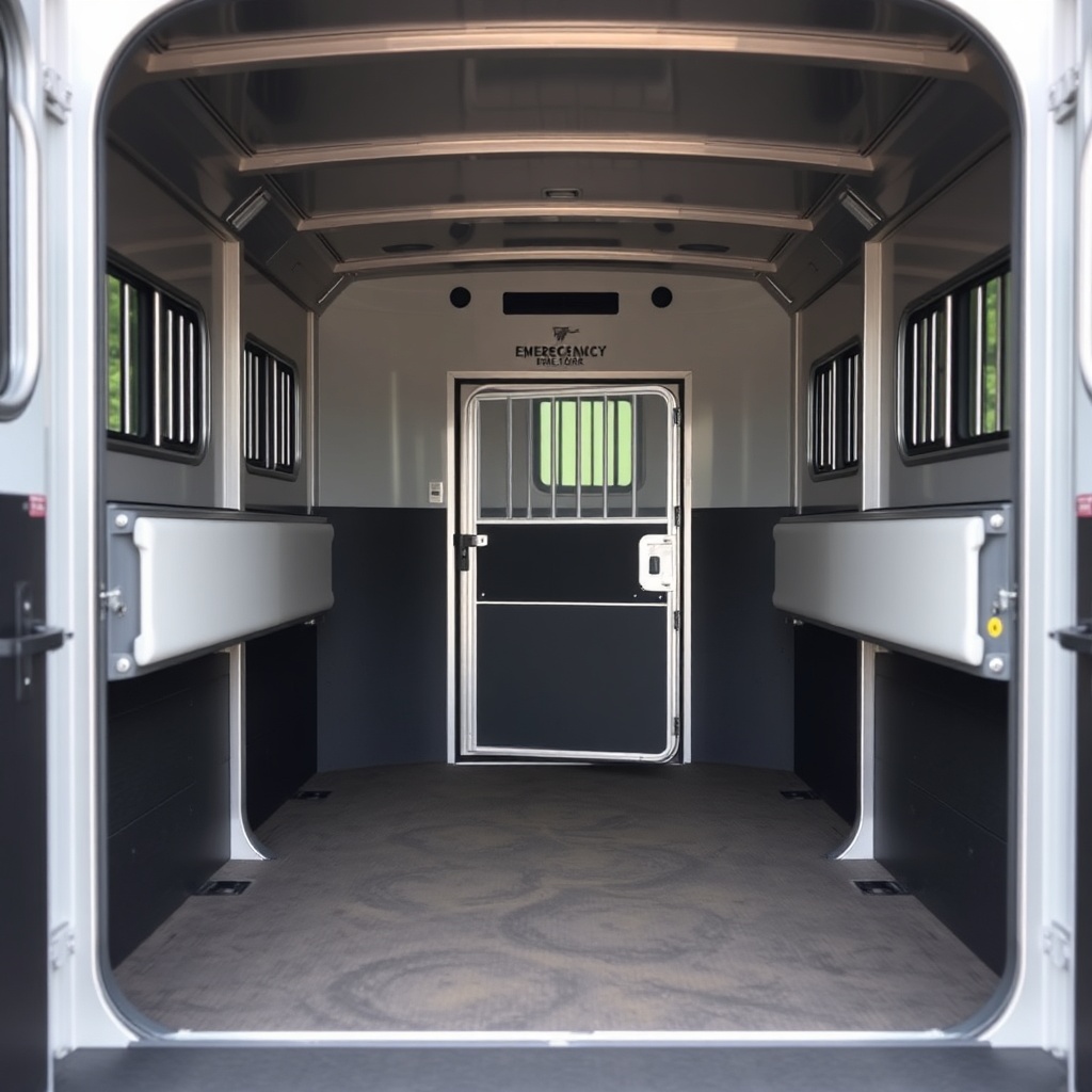 A clean photorealistic photo of a HorseTrailerPro horse compartment interior