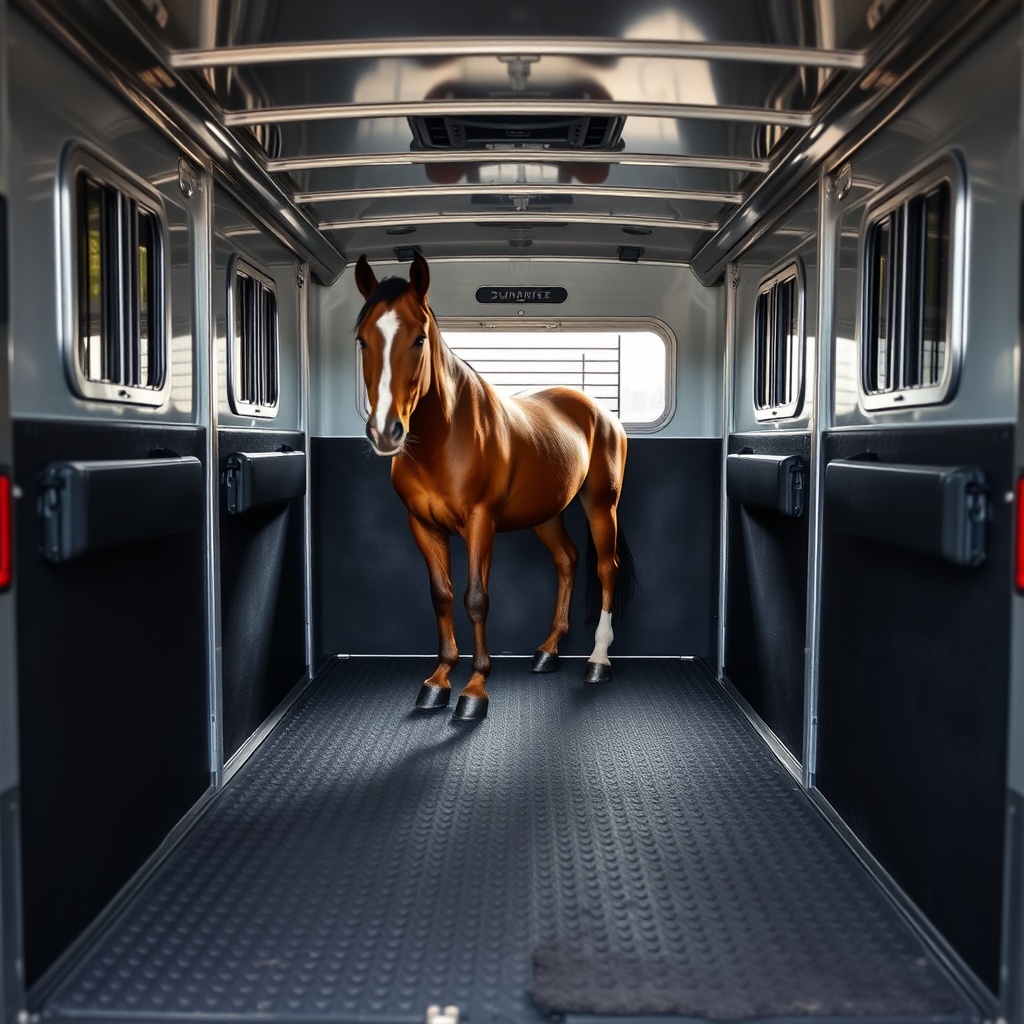 <A clean photorealistic photo of the interior of a Sundowner SunLite horse compartment sho