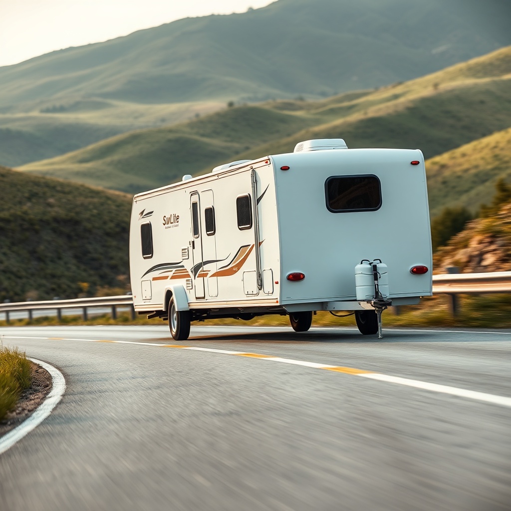 <A clean photorealistic photo of a Sundowner SunLite trailer being towed at a moderate spe