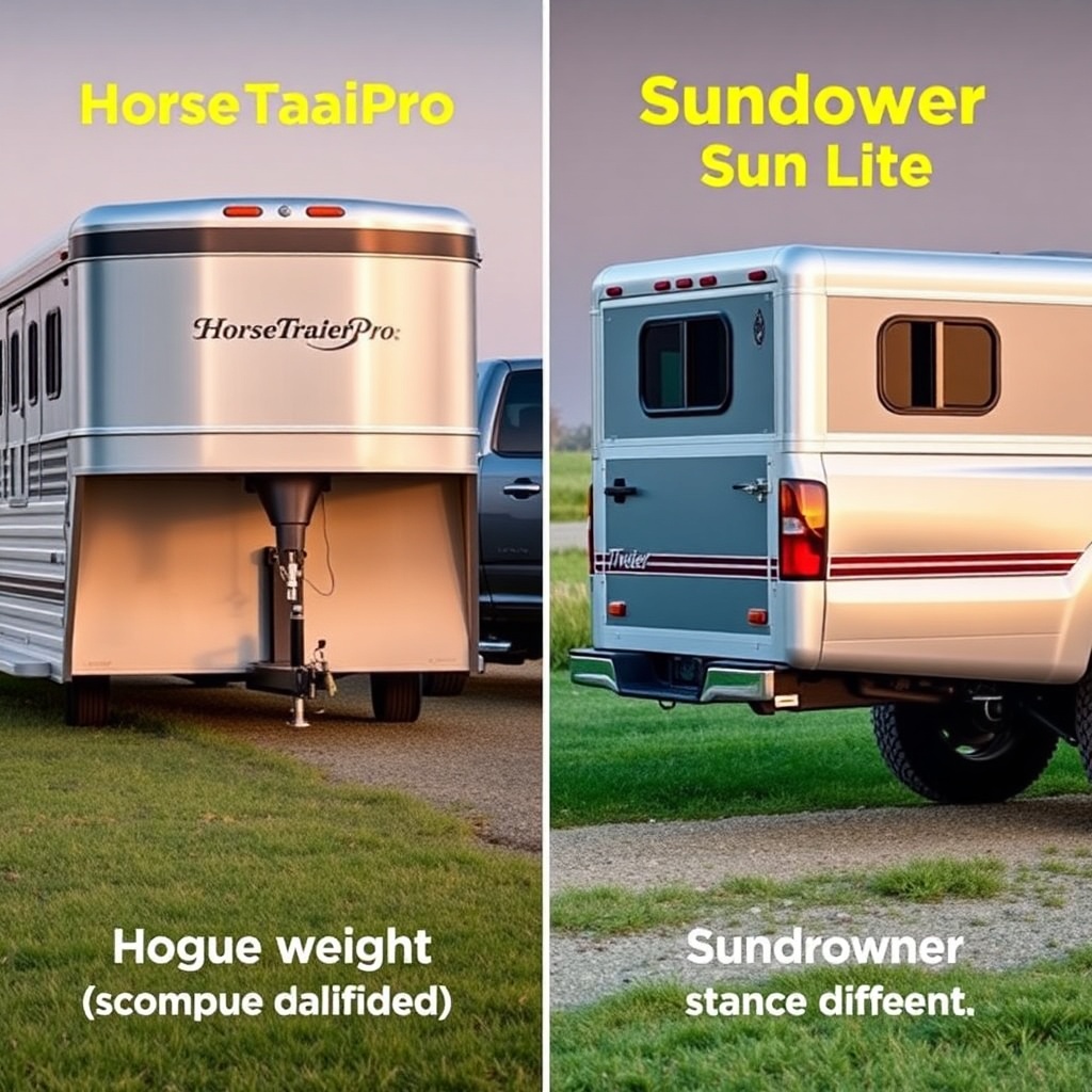 A clean photorealistic side-by-side photo of a HorseTrailerPro and Sundowner SunLite hitch