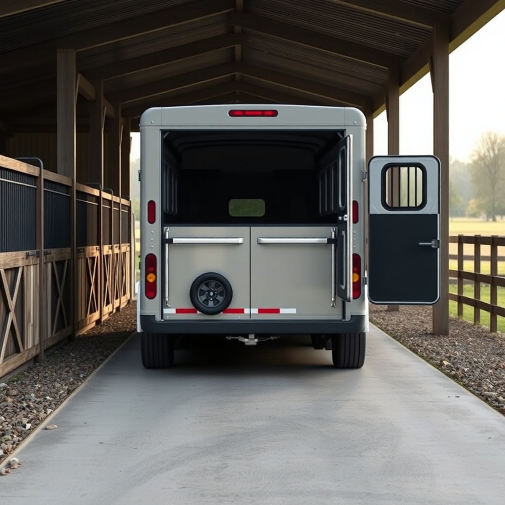 A clean photorealistic photo of a HorseTrailerPro backing into a narrow stable driveway wi