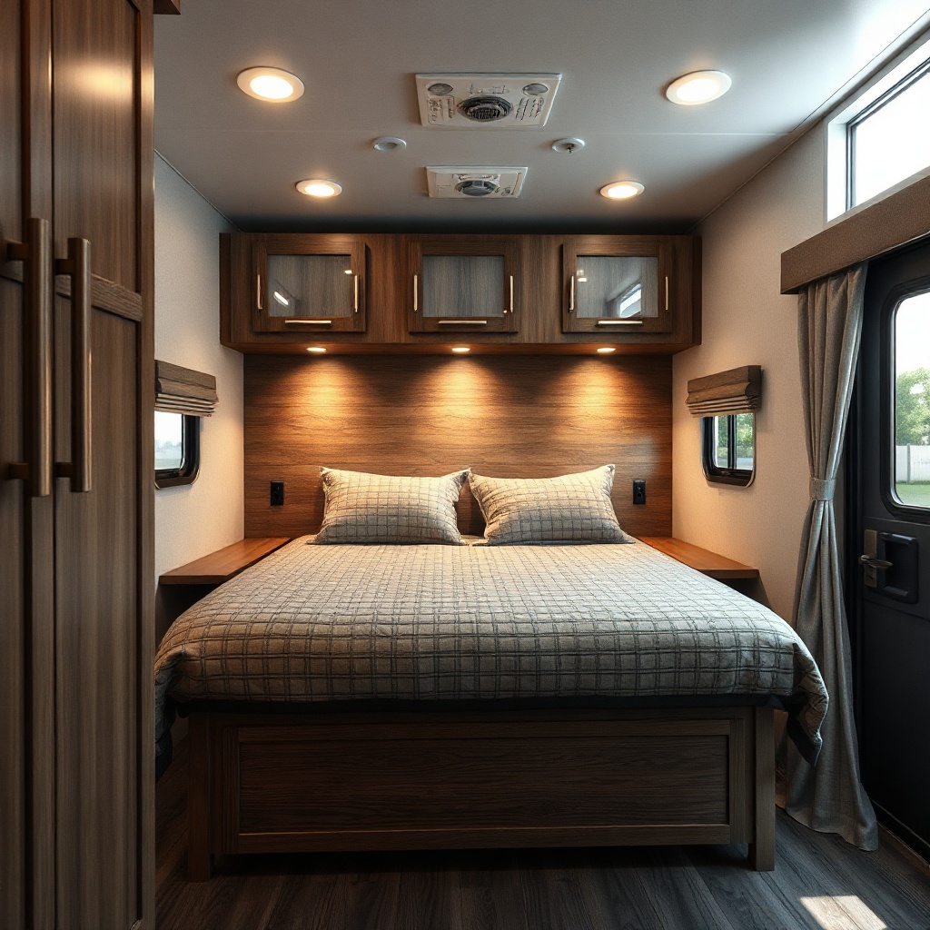A photorealistic photo of a HorseTrailerPro living quarters interior showing a neatly made