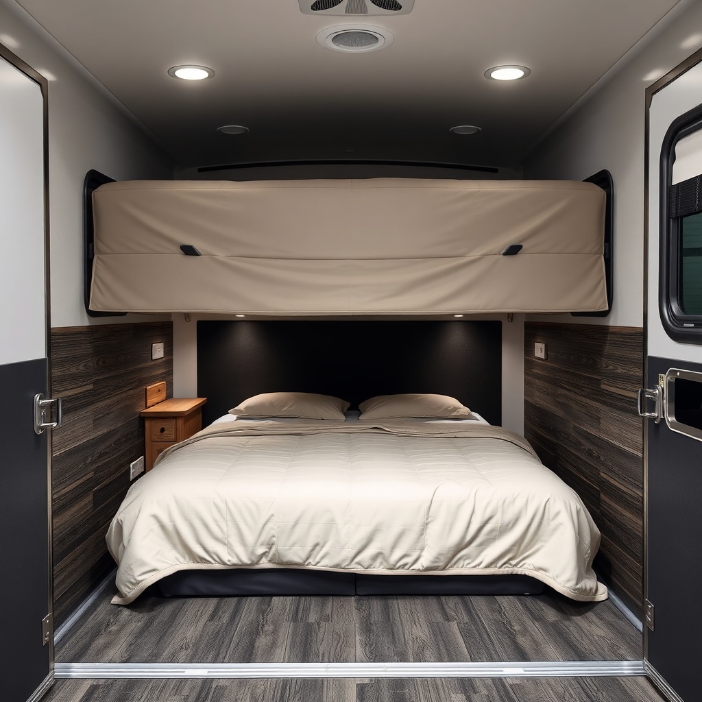 A photorealistic photo of a HorseTrailerPro slide-out queen bed fully extended showing plu
